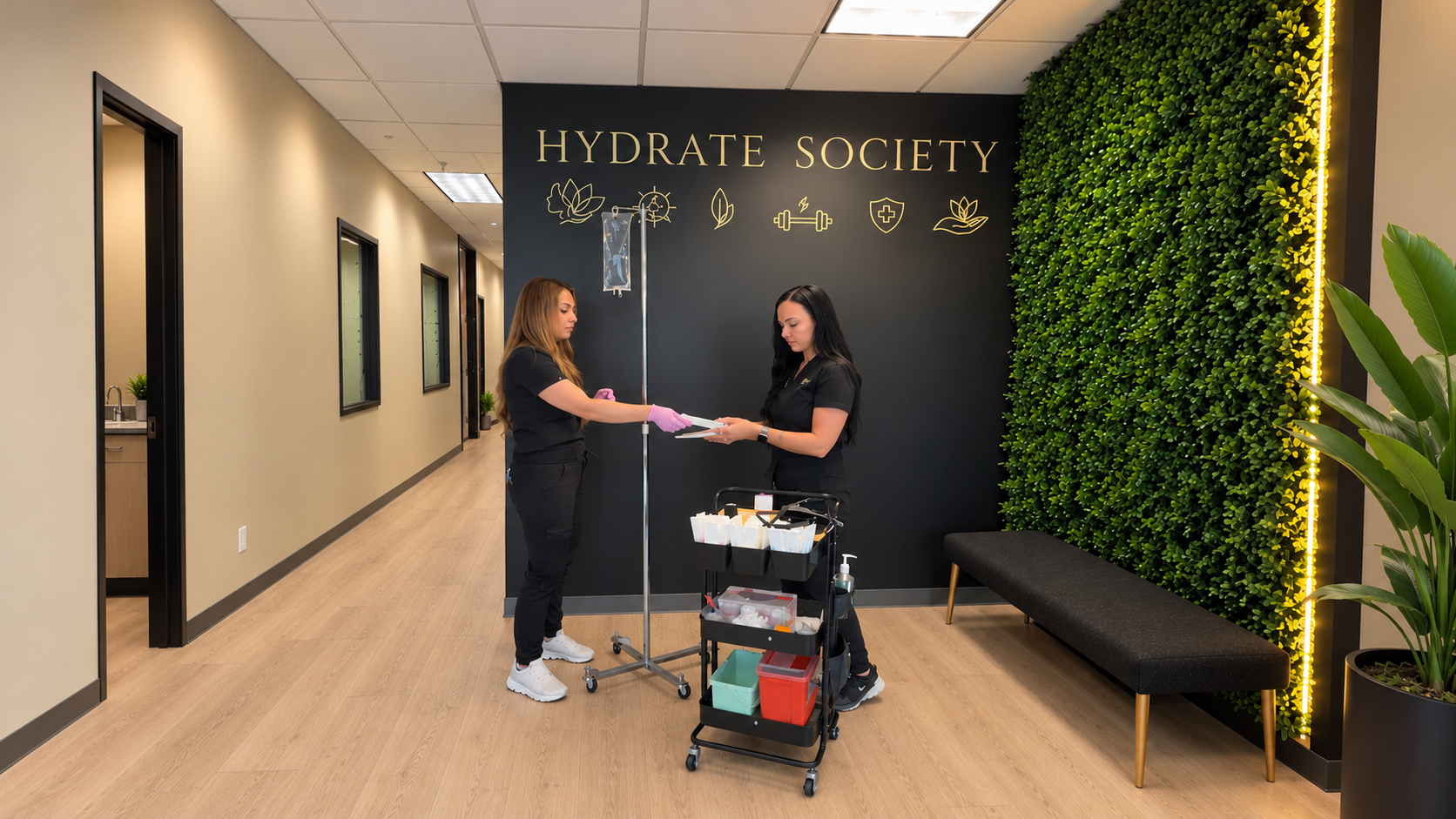 Hydrate Society clinic welcome scene, warm and inviting reception space